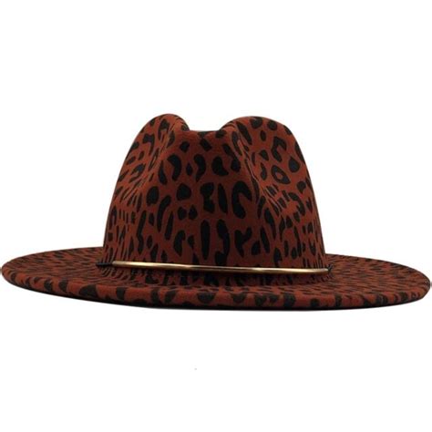 Flat Wide Brim Leopard Print Wool Felt Jazz Fedora Hat Women Leather