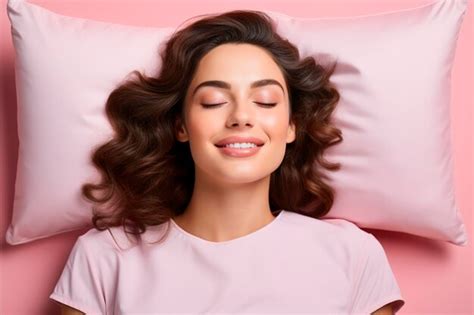 premium photo photo portrait of satisfied woman sleeping on pillow on pastel pink colored