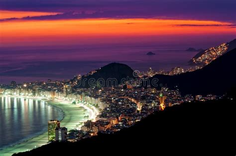 Night View Of Copacabana Beach In Rio De Janeiro Stock Photo Image Of