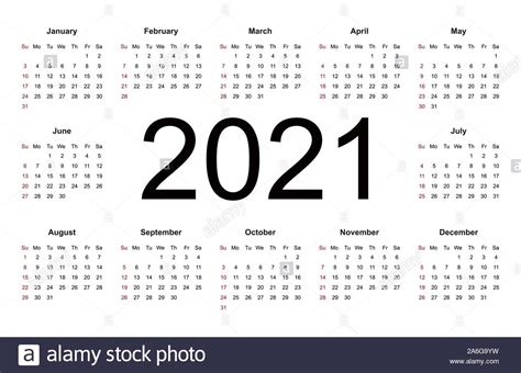 Diseño De Calendario Simple Para El Año 2021 La Semana Comienza En Domingo Ilustración
