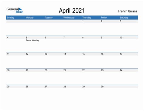 April 2021 Monthly Calendar With French Guiana Holidays