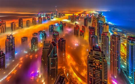 Download Wallpapers Dubai Uae Bright Colored City Lights Metropolis