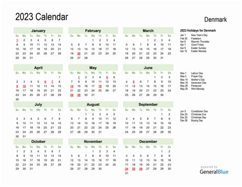 Holiday Calendar 2023 For Denmark Sunday Start