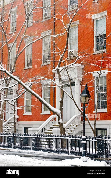 Winter Snowstorm New York City Greenwich Village Neighborhood Stock
