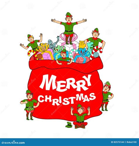 merry christmas santa bag with t and elves stock vector illustration of pole