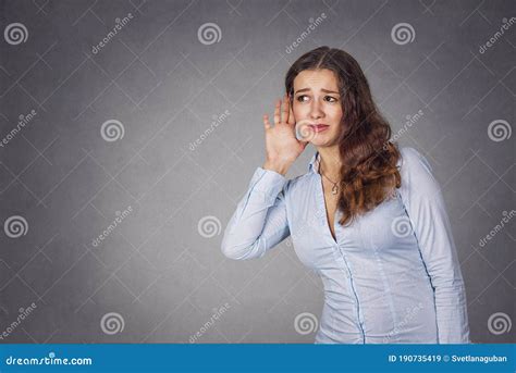 Curious Woman With Hand To Ear Carefully Listening To Gossip Con Stock