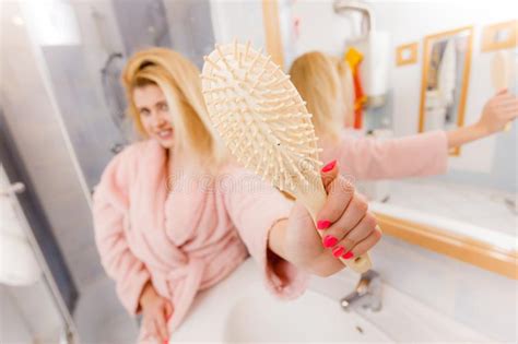 Happy Woman Holding Showing Her Hair Brush Stock Photo Image Of