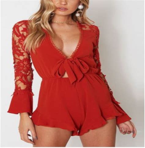 Sexy Red Long Sleeve Rayon Romper Jumpsuits For Women Edgy Couture