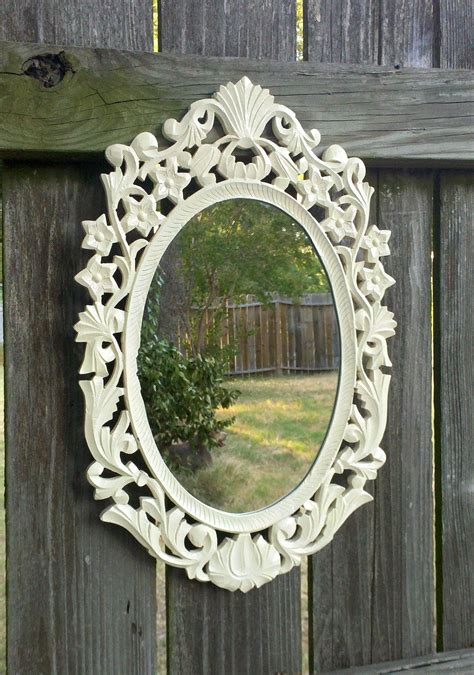 White Oval Mirror In Vintage Hand Carved Wood Frame Oval Mirror Carved Wood Frame White