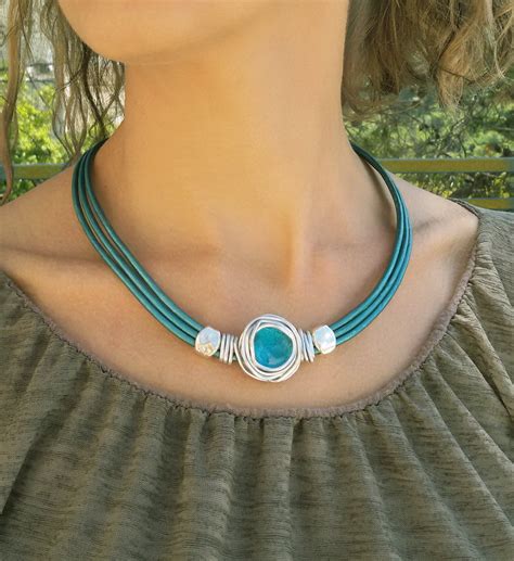 Turquoise Necklace Leather Necklace Choker Necklace Etsy