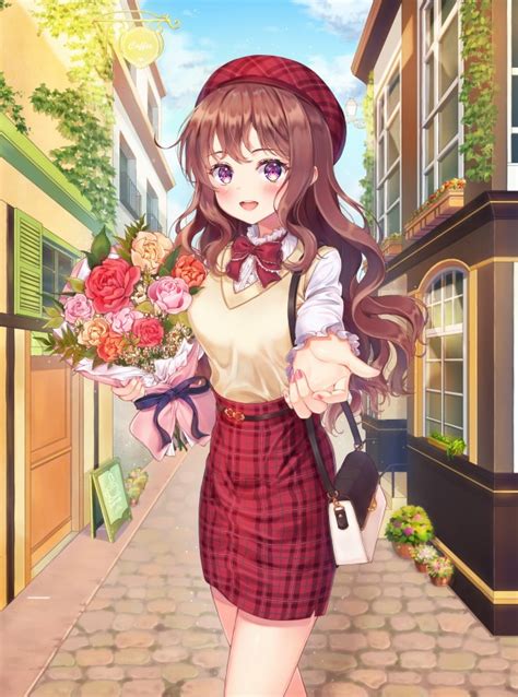 Wallpaper Anime Girl Flower Bouquet Street Smiling Cute