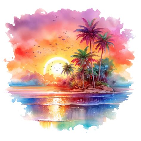 Colourful Watercolor Beach Sunset Sublimation For T Shirt Design