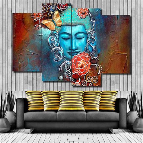 Hd Home Decor Printed Pictures Painting 4 Panel Flowers Buddha Modern