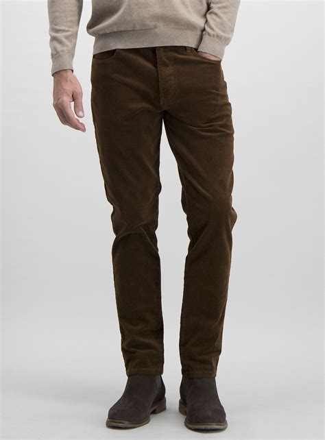Mens Tobacco Brown Slim Fit Corduroy Trousers With Stretch Pants
