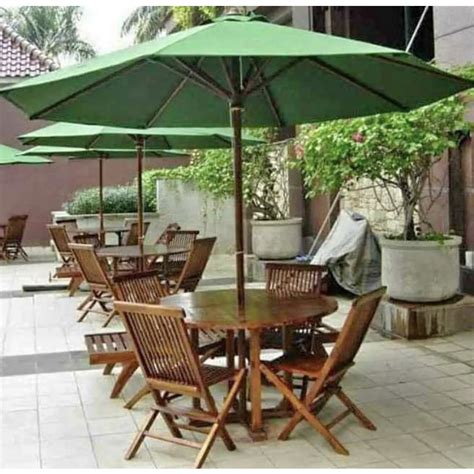 Jual Meja Payung Taman Cafe Outdoor Tenda Kayu Jati 4 Kursi Lipat Solid
