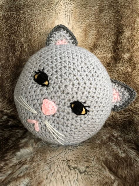 Crochet Cat Pillow Handmade Pillow Animal Pillow Gray Cat Etsy Canada