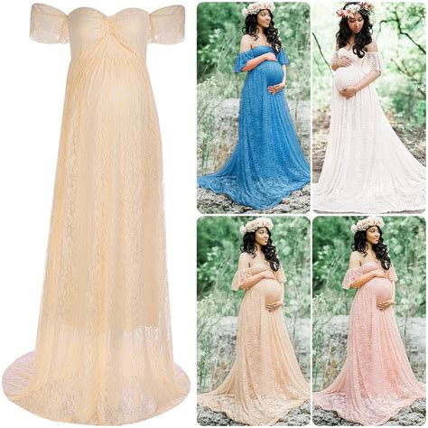 315 Pregnant Woman Off Shoulder Long Lace Maxi Gown Maternity Dress Photography Prop