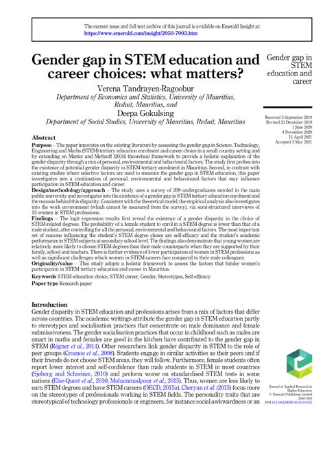 Pdf Gender Gap In Stem Education And Career Choices What Matters