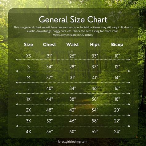 Our New Size Chart Forest Girl Clothing