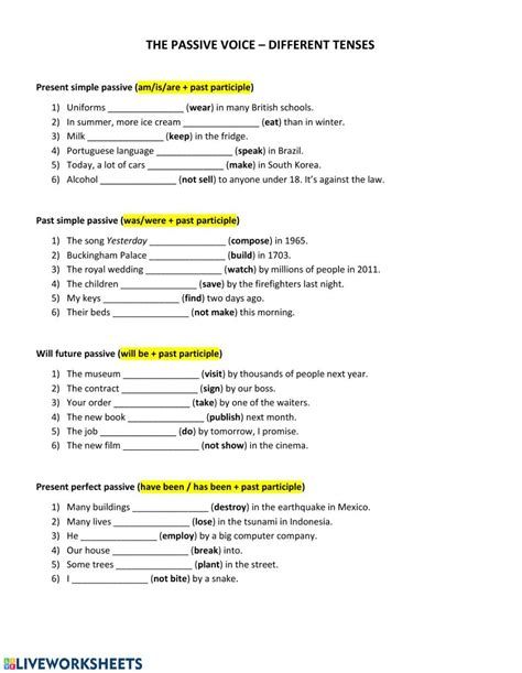 The Passive Voice Different Tenses Worksheet With Answers And