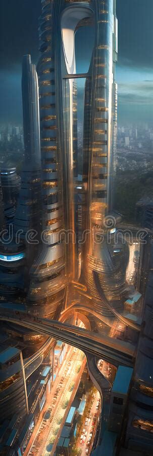 A Tall Tower In A Futuristic City Ai Generated Stock Illustration