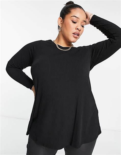 Yours Ribbed Long Sleeve Swing Top In Black Asos