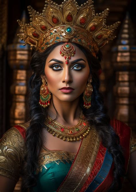 Portrait Of A Powerful Indian Goddess In Traditional Attire With Majestic Palace Backdrop Free