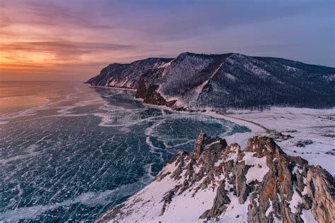 Frozen Baikal Water Lake Aerial View With Sunrise Background Stock