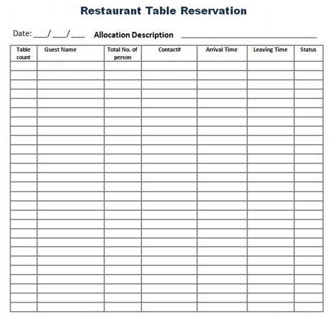 Reservation Log Templates 4 Free Printable Word Excel Samples