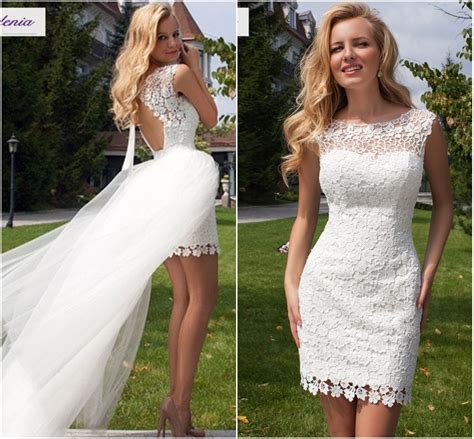 Strapless short sheath silk gown with removable stripped organza skirt. Two Pieces White Lace Short Prom Dress With Detachable ...