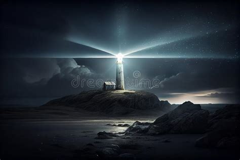 Beautiful Night Sky Behind A Shining Lighthouse Stock Image Image Of