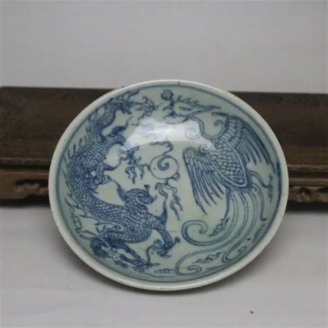 Antique Chinese Ming Dynasty Blue And White Dragon Phoenix Dish Plate
