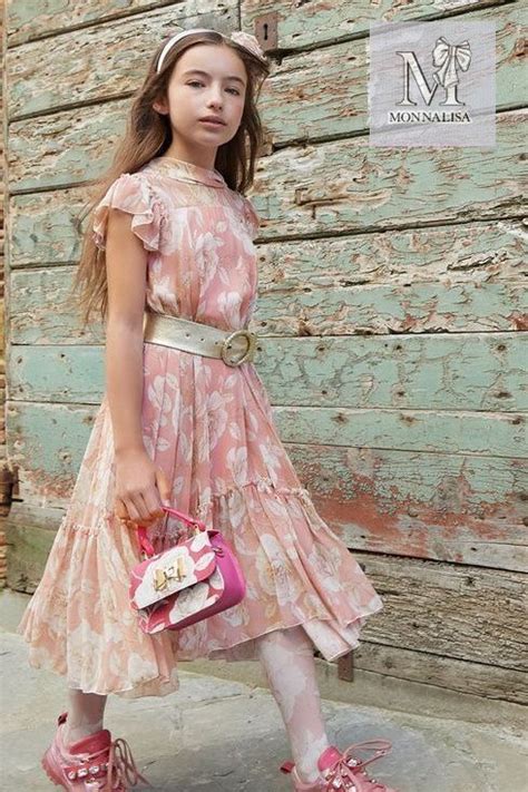 Monnalisa Chic Girls Long Pink Ivory Floral Print Chiffon Dress