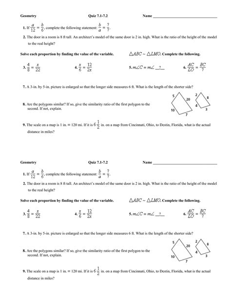 Some of the worksheets for this concept are practice your skills with answers, practice quiz 7 unit 2 dilations and similarity name, graph the image of the figure using the transformation, unit 1 tools of geometry. Geometry Quiz 7.1-7.2 Name