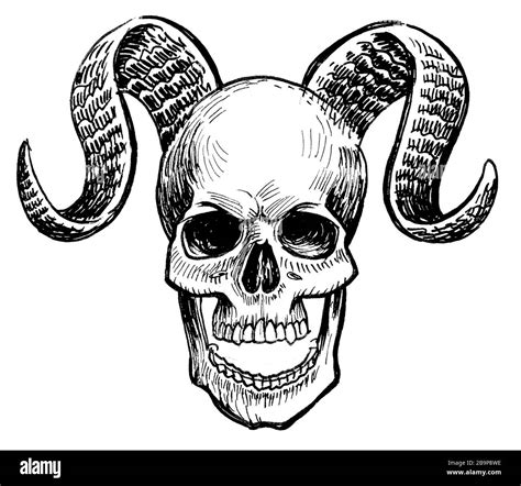 Human Skull With Horns Ink Black And White Drawing Stock Photo Alamy