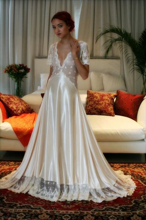 Bridal Nightgown Amelia Satin Embroidered Lace Wedding Lingerie Bridal Sleepwear Champagne Satin