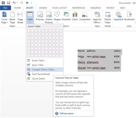 Convert Text To A Table Or Table To Text In Word 2013