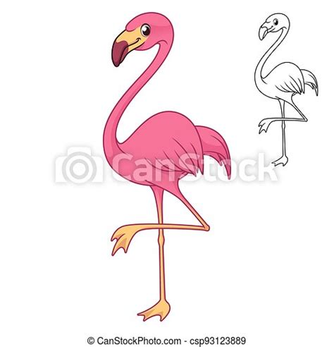 Cute Happy Pink Flamingo With Line Art Drawing Animal Birds Vector