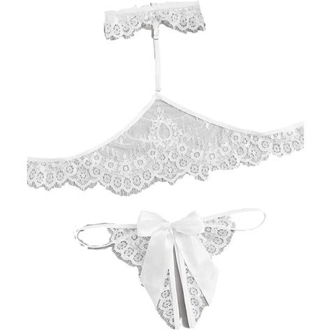 Lilosy Sexy Bow Choker Halter Floral Lace Sheer Lingerie Set For Women See Through Bra And Panty