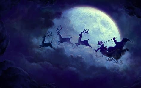 Santa Claus Reindeer In Moon Sky Background Hd Christmas Wallpapers