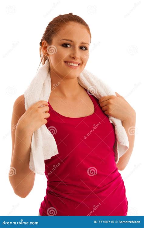 Fitness Woman Rest After Workout In Gym With Towel Around Her Stock