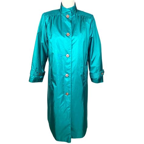 vintage trench rain coat dark teal neon teal button up etsy