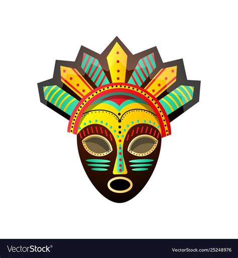 Cute Colorful Ritual African Mask With Red Green Yellow Color Saint Ceremony Cartoon Style