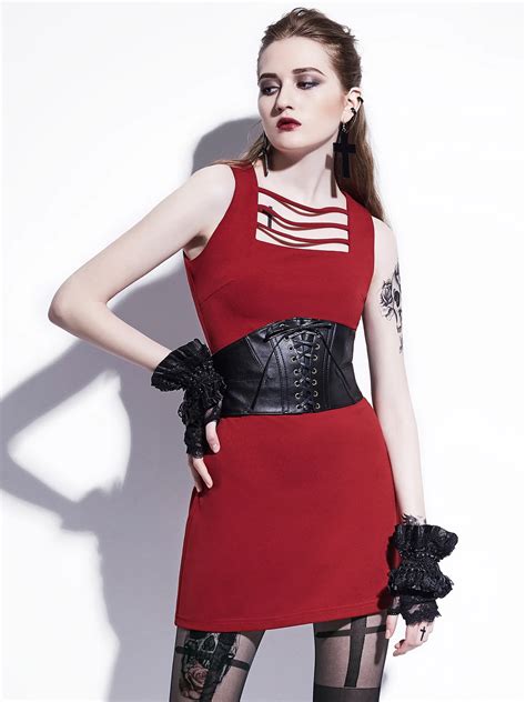 gothic women mini dress red wine sleeveless patchwork defined waist sexy retro pu fashion female