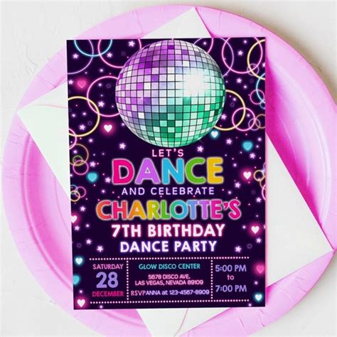 Editable Disco Party Invitation Neon Glow Disco Dance Party Etsy