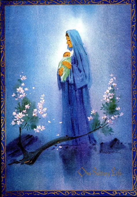 Vintage Christmas Card Mother Mary Holding Baby Jesus Blues Gold Trim