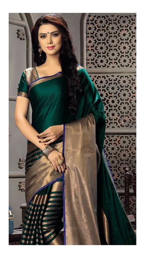 Dark Green Plain Silk Cotton Saree With Blouse Rajshri Fashions 2291822