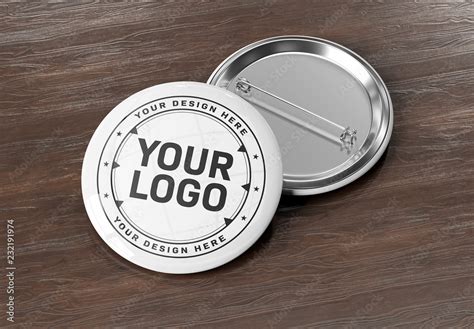 Circular Pin Badge On Wooden Desk Mockup Stock Template Adobe Stock