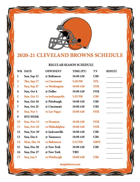 Printable 2020-2021 Cleveland Browns Schedule