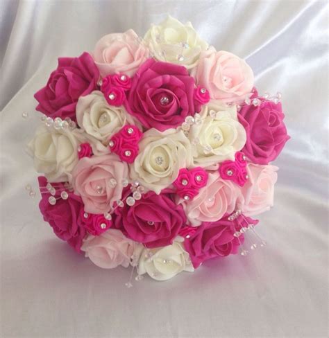 Bridesmaid Wedding Artificial Bouquet Hot Pink Ivory Foam Rose Wedding
